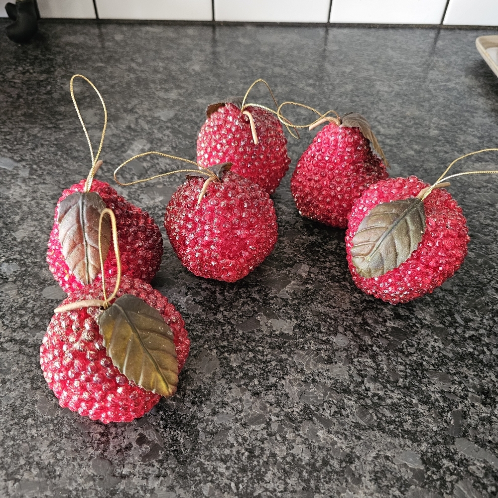 MCM Beaded Red Apple Pear Christmas Ornaments Fruit Glitter Shimmer Vtg 6 Pieces